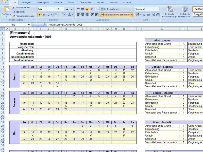 Anwesenheitserfassung Excel Vorlage