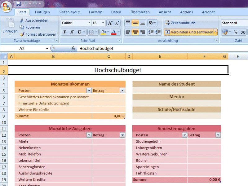 Hochschulbudget Excel Vorlage