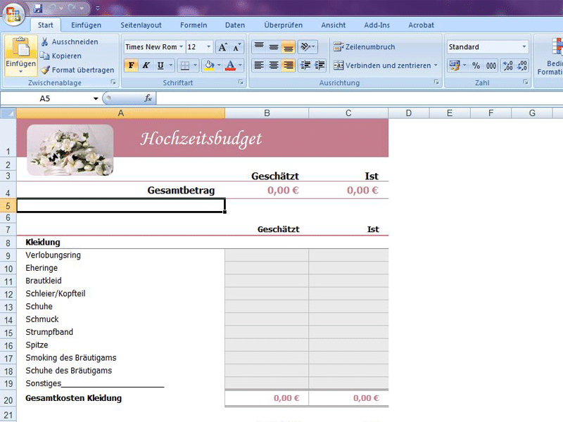 Hochzeitsbudget Excel Vorlage