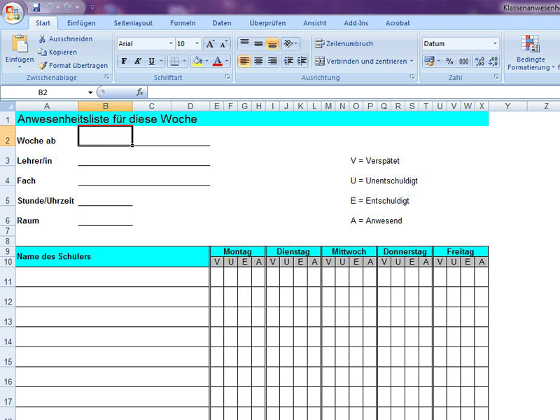 Klassenanwesenheitsbericht Excel Vorlage