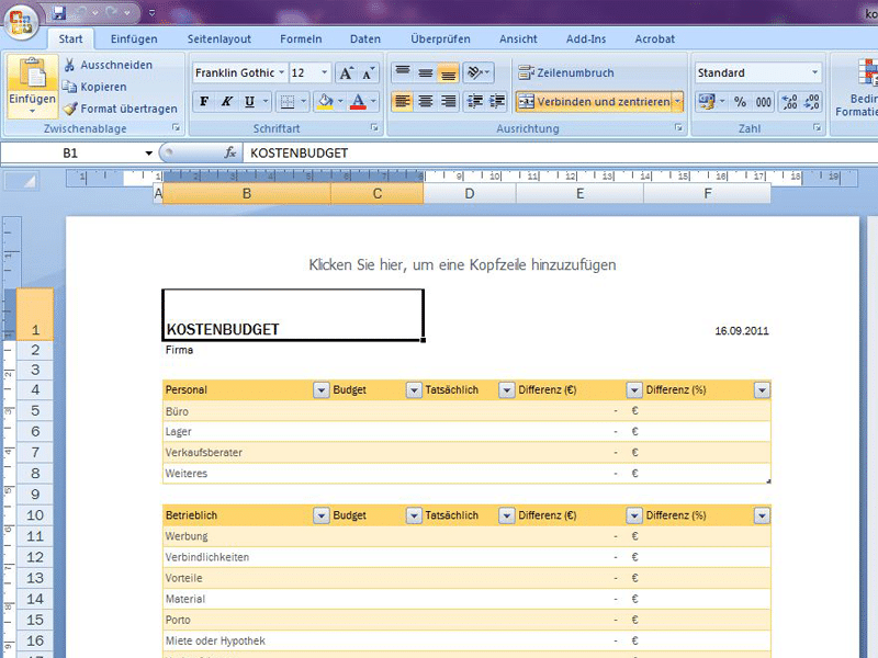 Kostenbudget Excel Vorlage