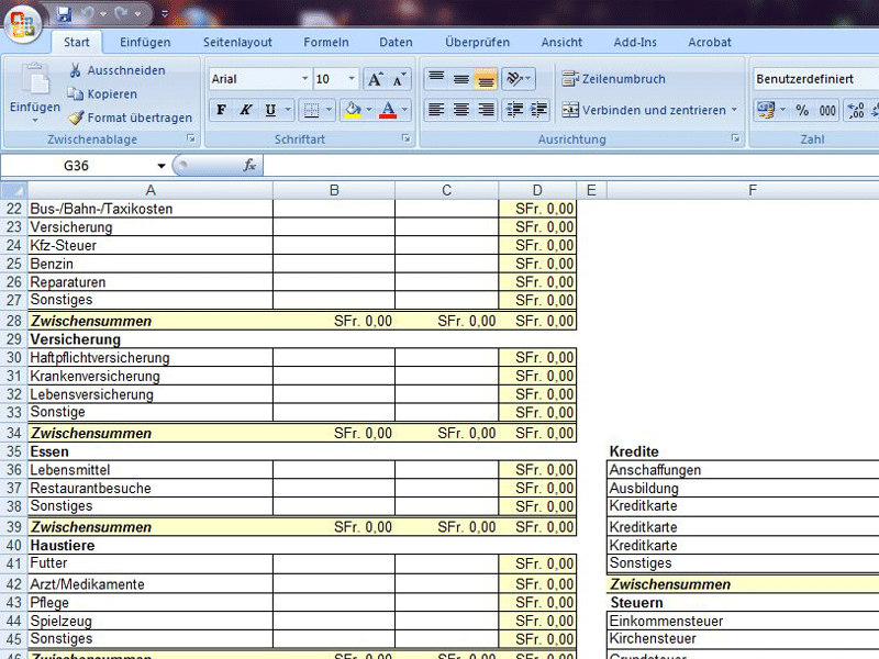 Monatsbudget Single Schweiz Excel Vorlage