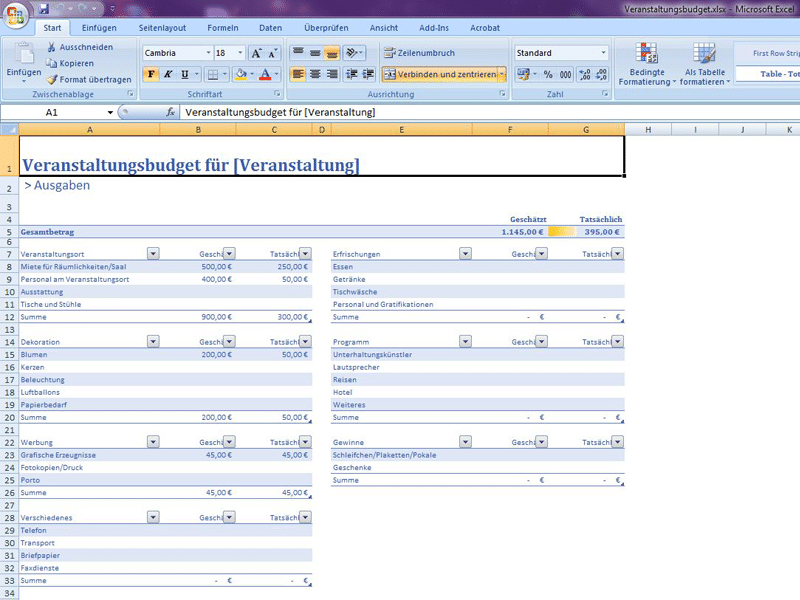 Veranstaltungsbudget 2 Excel Vorlage