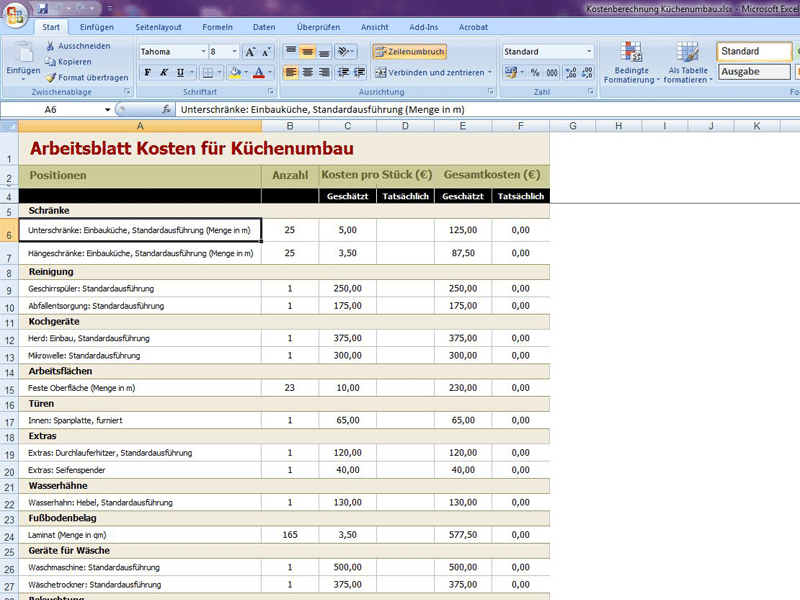 Kostenberechnung Küchenumbau